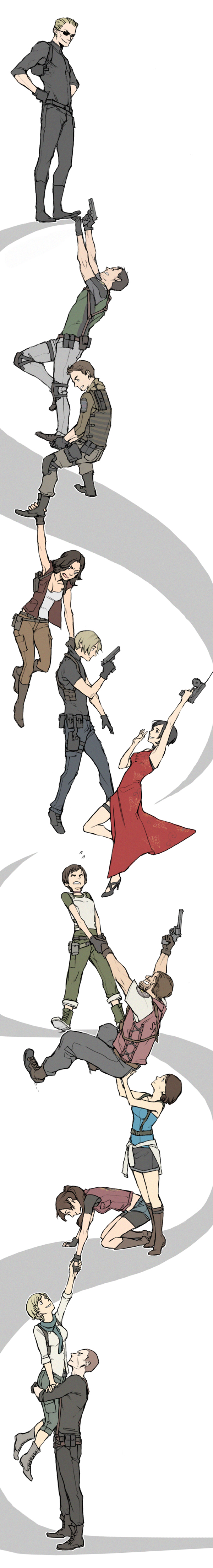6+boys, 6+girls, absurdres, ada_wong, albert_wesker, barry_burton, beard, black_gloves