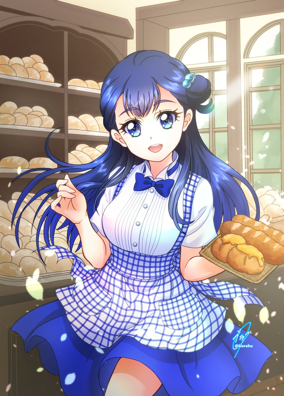 1girl, apron, baguette, bakery, blue_apron, blue_bow, blue_bowtie, blue_eyes, blue_hair, blue_skirt, blush, bow, bowtie, bread, breasts, burafu_maru, croissant, display_case, employee_uniform, food, gingham_apron, gingham_clothes, gingham_skirt, hair_bun, high-waist_skirt, highres, hugtto!_precure, kobeya_uniform, loaf_of_bread, long_hair, looking_at_viewer, medium_breasts, open_mouth, plaid_apron, plaid_clothes, pleated_shirt, precure, shirt, shop, short_sleeves, single_hair_bun, skirt, smile, solo, waitress, white_shirt, yakushiji_saaya