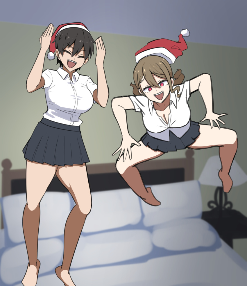 2girls, bed, black_hair, breasts, brown_hair, closed_eyes, floating, gyaru