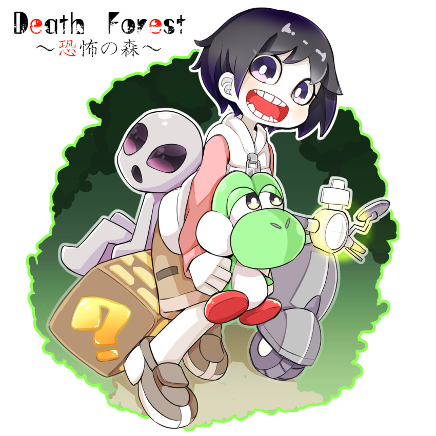 1girl, ?_block, alien, black_eyes, black_hair, clip_studio_paint_(medium), commentary_request, copyright_name