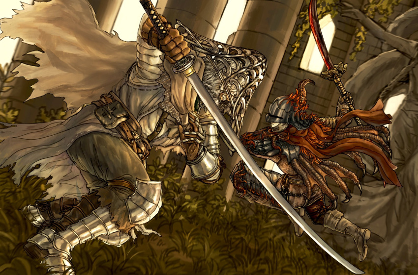 1boy, 1girl, armor, bloody_finger_hunter_yura, boots, cape, commentary_request, covered_eyes