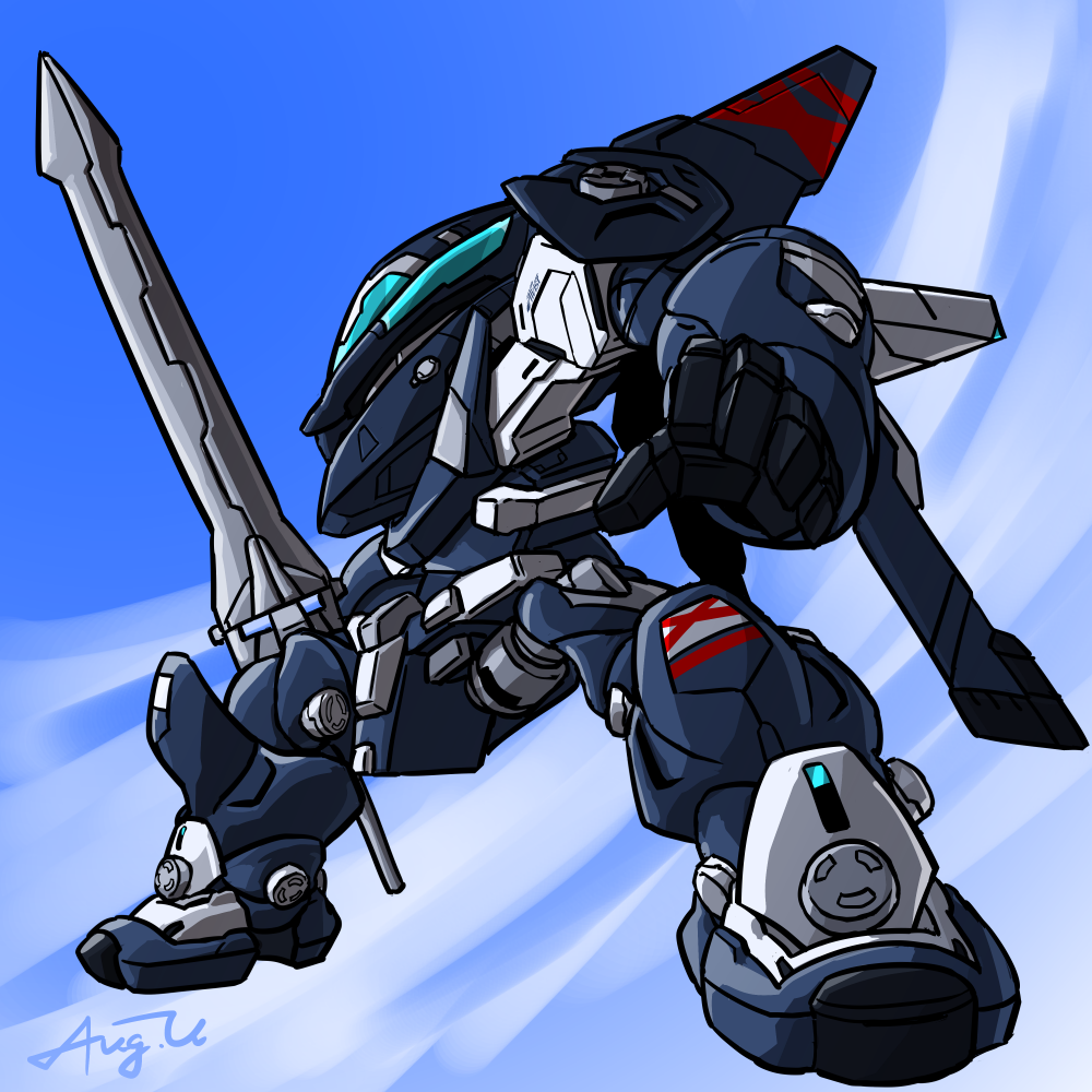 assault_visor, chibi, clouds, hagitsuki_yuu, holding, holding_sword, holding_weapon, humanoid_robot