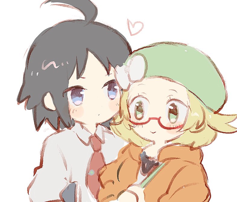 1boy, 1girl, ahoge, bianca_(pokemon), black_hair, blonde_hair, blue_eyes, cheren_(pokemon)