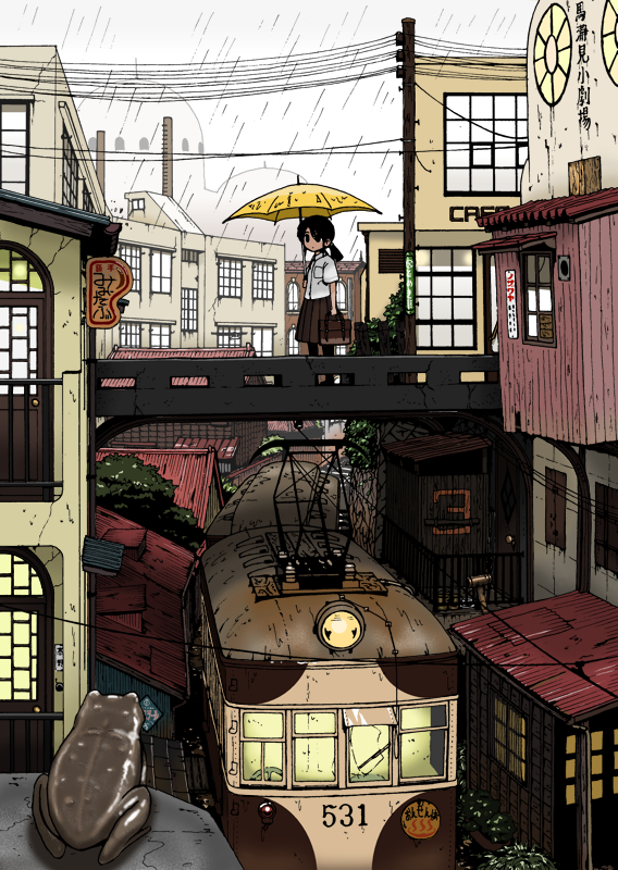 1girl, black_hair, city, copyright_request, frog, nkmt, original, ponytail, rain, school_uniform, short_hair, solo, standing, train, umbrella