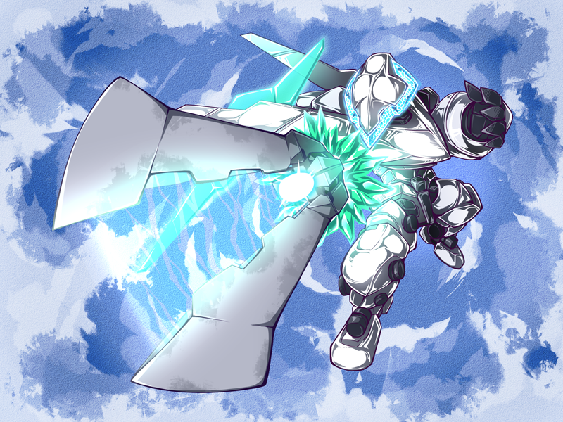 assault_visor, clouds, crystal, flying, glowing, holding, holding_sword, holding_weapon