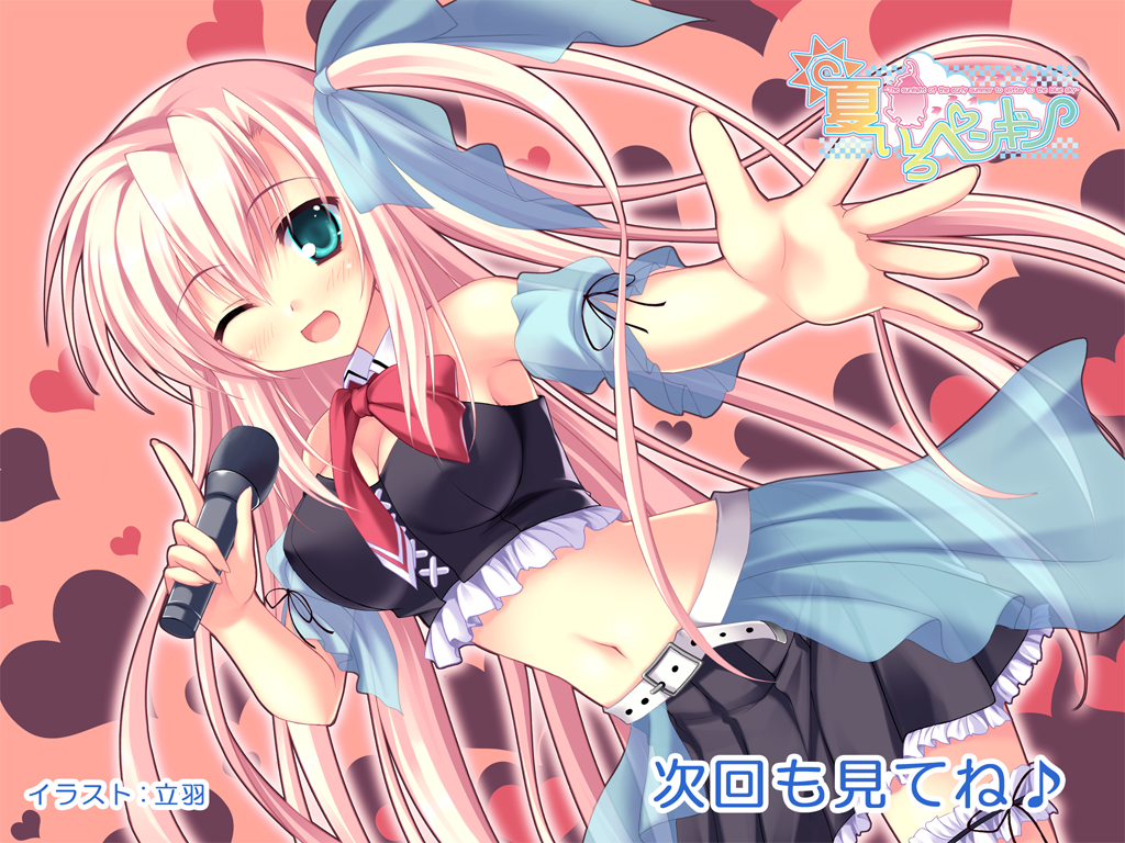 aikawa_chikane, aqua_eyes, blush, green_eyes, happy, heart, long_hair, microphone, midriff, music, natsuiro_penguin, pink_hair, ribbon, side_tail, singing, skirt, tateha_(artist), thigh-highs, necktie, wallpaper, wink