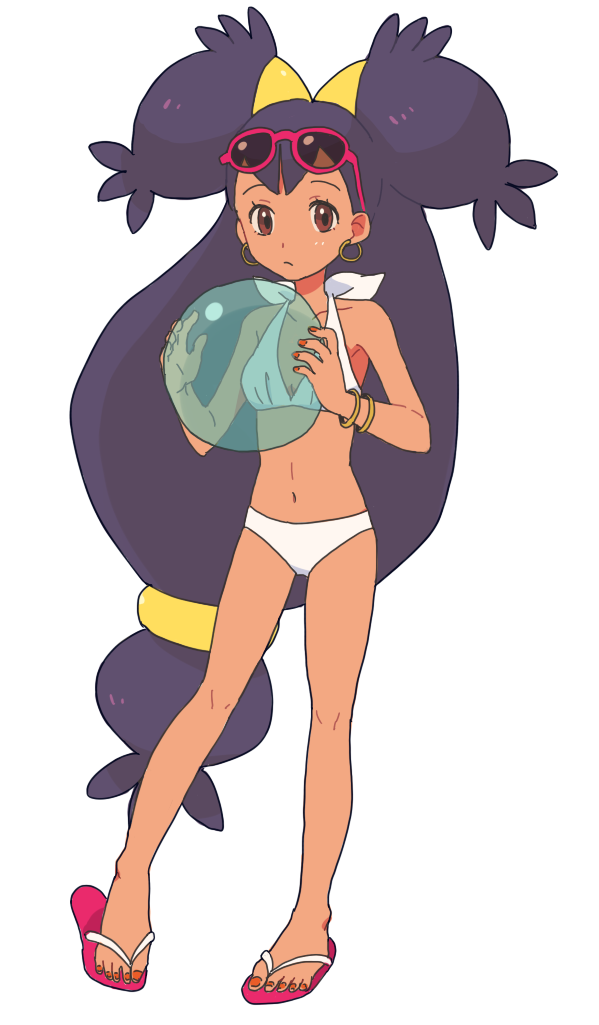 bikini, black_hair, brown_eyes, dark_skin, iris_(pokemon), long_hair, ochappa, pokemon, pokemon_(anime), sandals, sunglasses, sunglasses_on_head, swimsuit, twintails, two_side_up