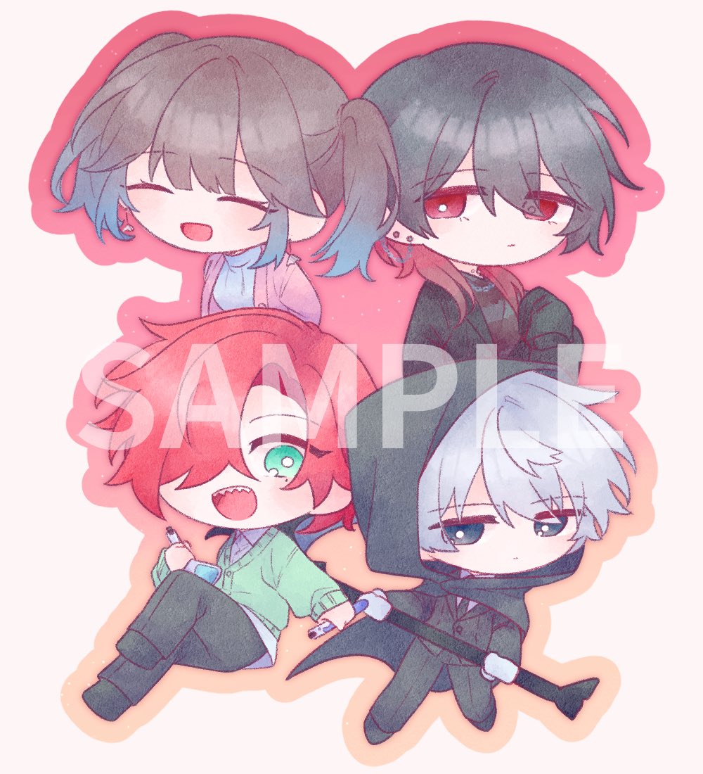 1girl, 3boys, black_cloak, black_hair, black_pants, black_shoes, blush, bright_pupils
