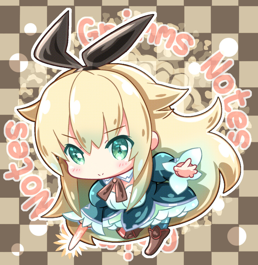 1girl, alice_(grimms_notes), alice_(original)_(grimms_notes), aqua_eyes, asymmetrical_legwear, blonde_hair, blue_dress, boots, breasts, brown_boots, checkered_background, chibi, chibi_only, commentary_request, copyright_name, dress, full_body, grimms_notes, hair_between_eyes, highres, holding, holding_sword, holding_weapon, hotaruru, mismatched_legwear, outline, smile, solo, souken_alice_qualia_(grimms_notes), sword, weapon, white_outline, wide_sleeves