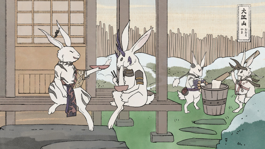 animal, animal_ear_piercing, animalization, armor, body_markings, bowl, bucket, bush