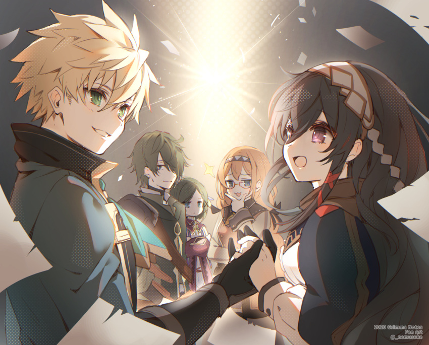 2020, 2boys, 3girls, alicia_quixano_(grimms_notes), armor, black_gloves, black_hair, blonde_hair