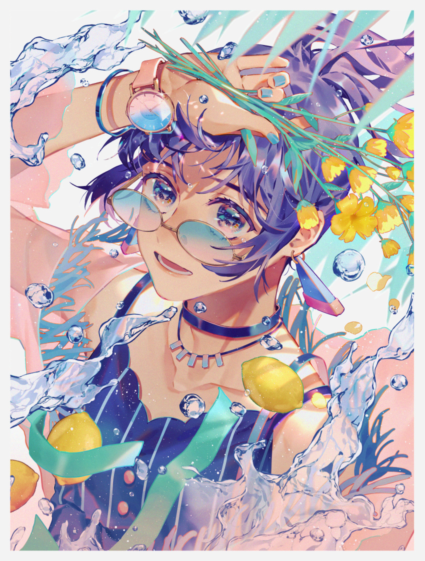 1girl, absurdres, ahoi, arm_up, bare_shoulders, blue_choker, blue_eyes, blue_nails