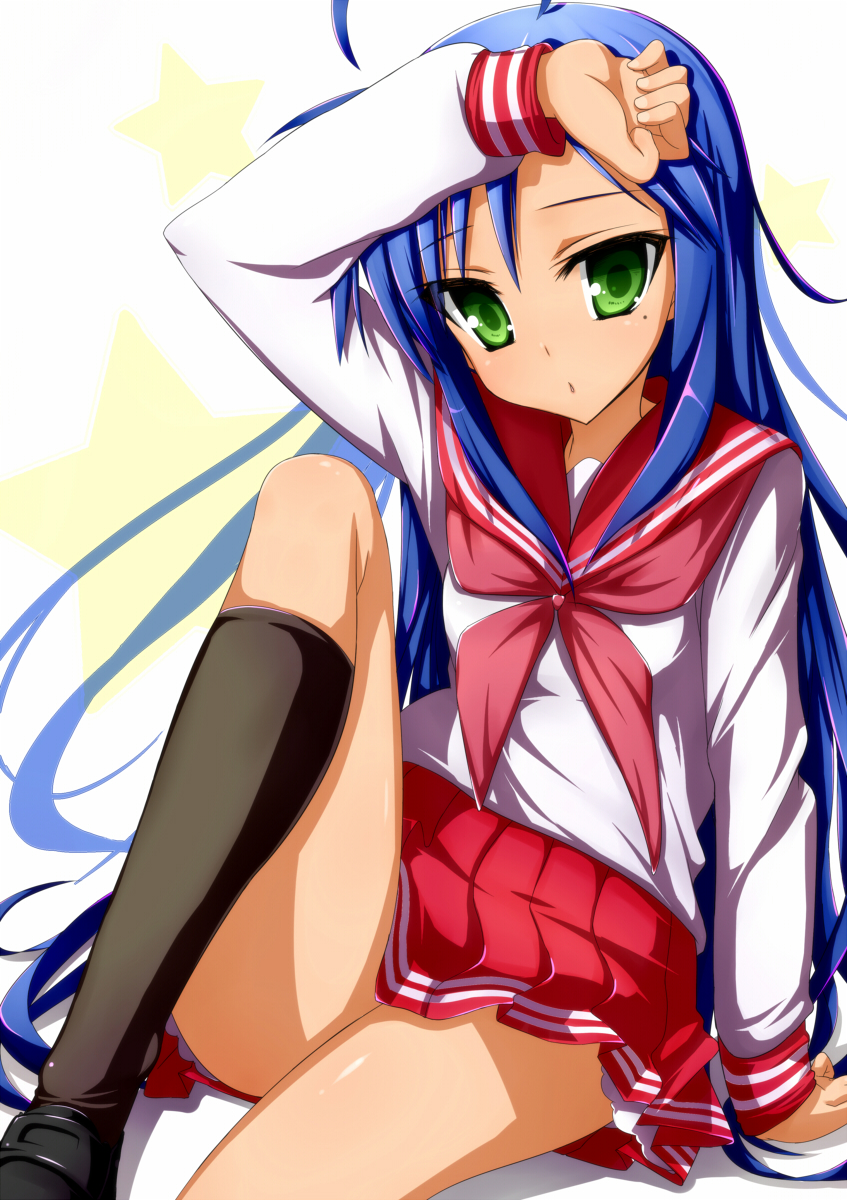 green_eyes, highres, izumi_konata, komo_egg, long_hair, lucky_star, school_uniform, serafuku
