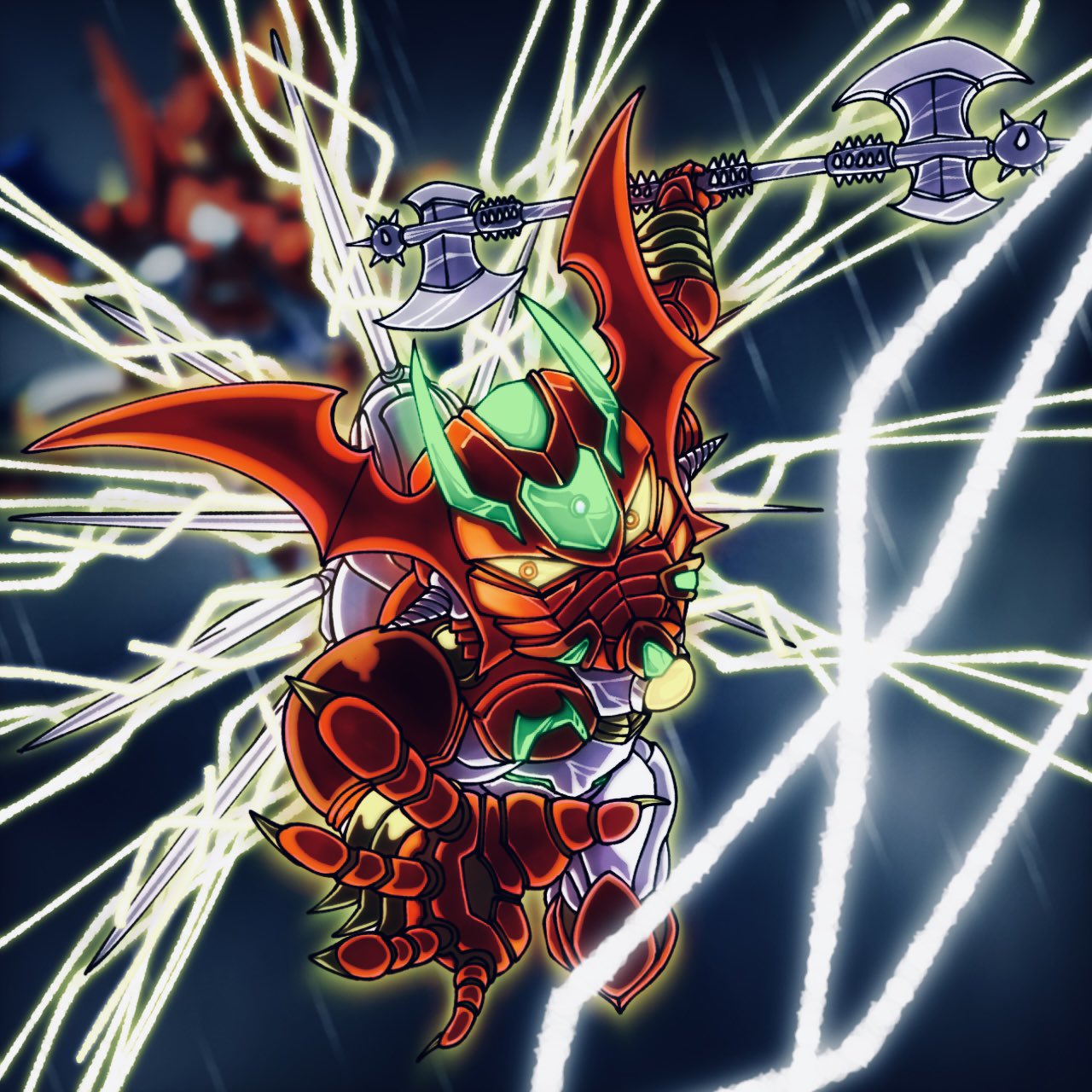 arm_blade, armor, axe, commentary_request, full_body, getter_arc, getter_robo, getter_robo_arc