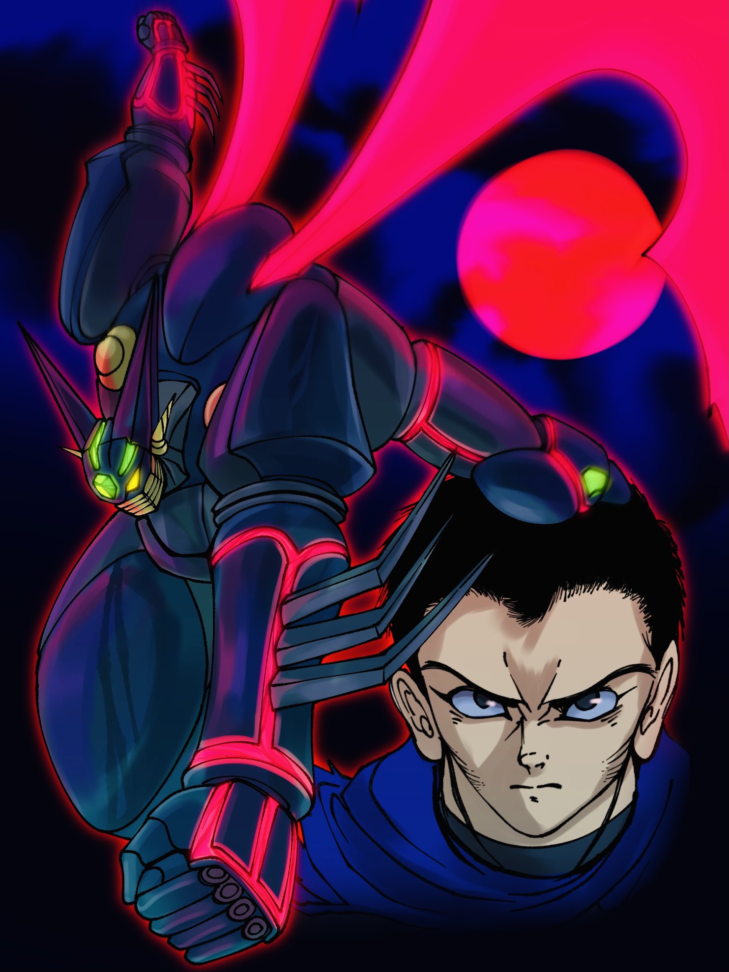 arm_blade, black_hair, commentary_request, getter_robo, getter_robo_arc, glowing, highres, hirudoido
