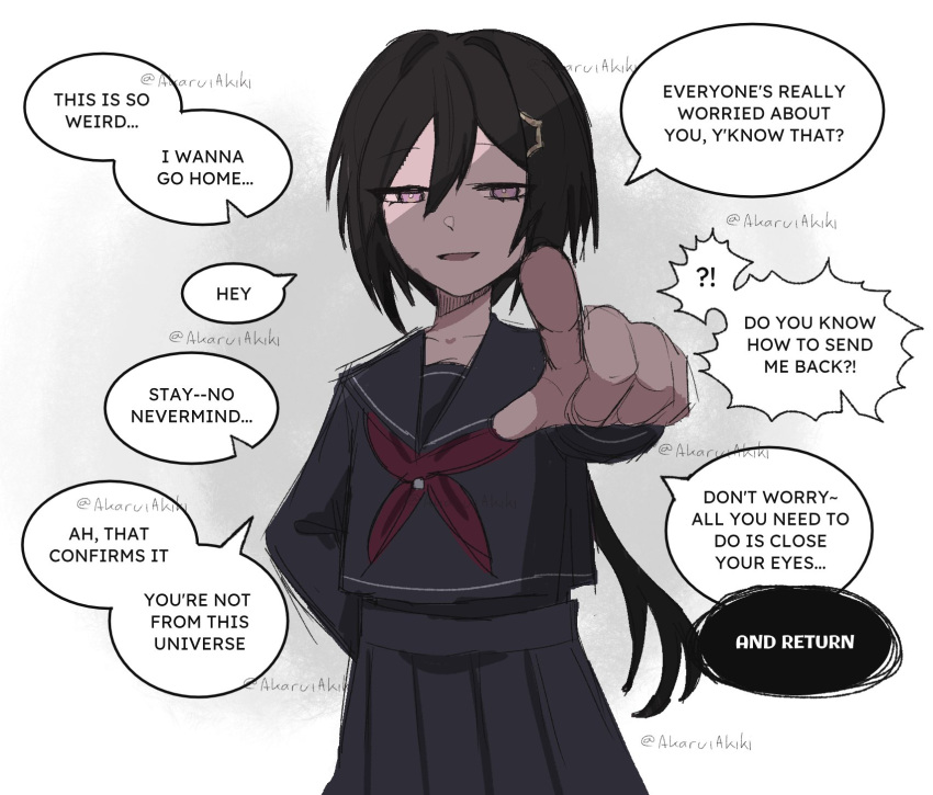 1girl, akaruiakiki, alternate_universe, april_fools, black_hair, black_serafuku, black_skirt, collarbone