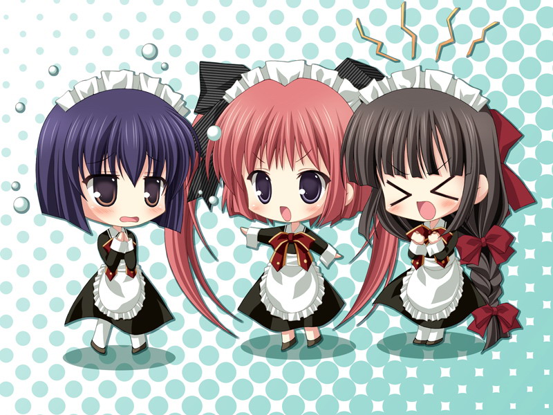 >_<, 3girls, 3maids, angry, apron, blue_eyes, blue_hair, blush