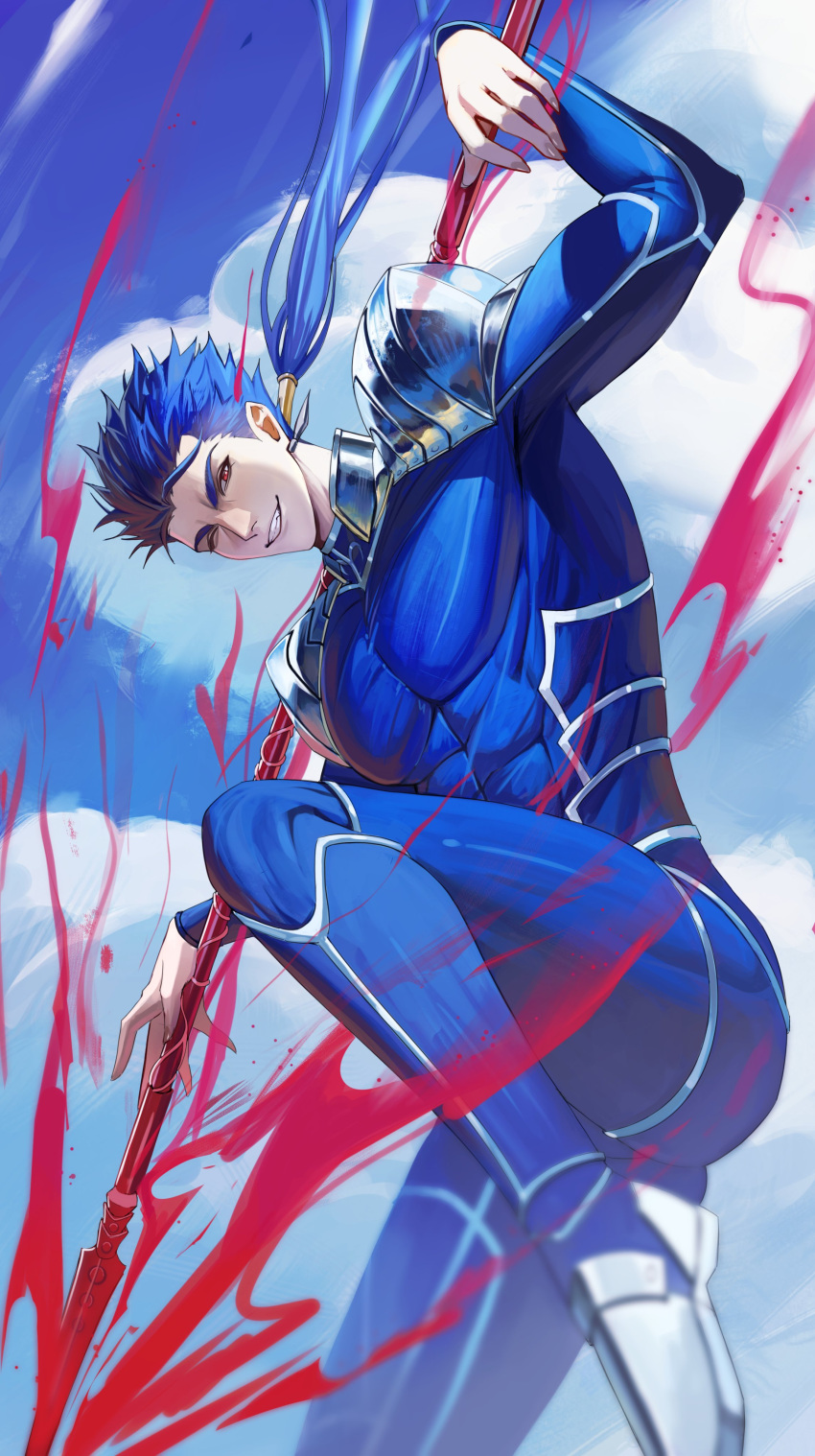 1boy, absurdres, blue_bodysuit, blue_hair, bodysuit, cu_chulainn_(fate), earrings, fate/grand_order