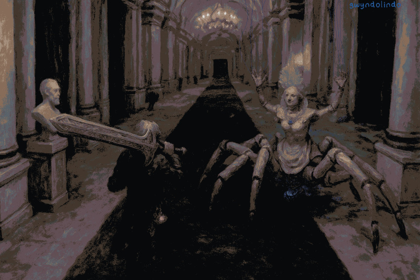 1boy, 1girl, arms_up, arthropod_girl, artist_name, bust_(sculpture), commentary, english_commentary