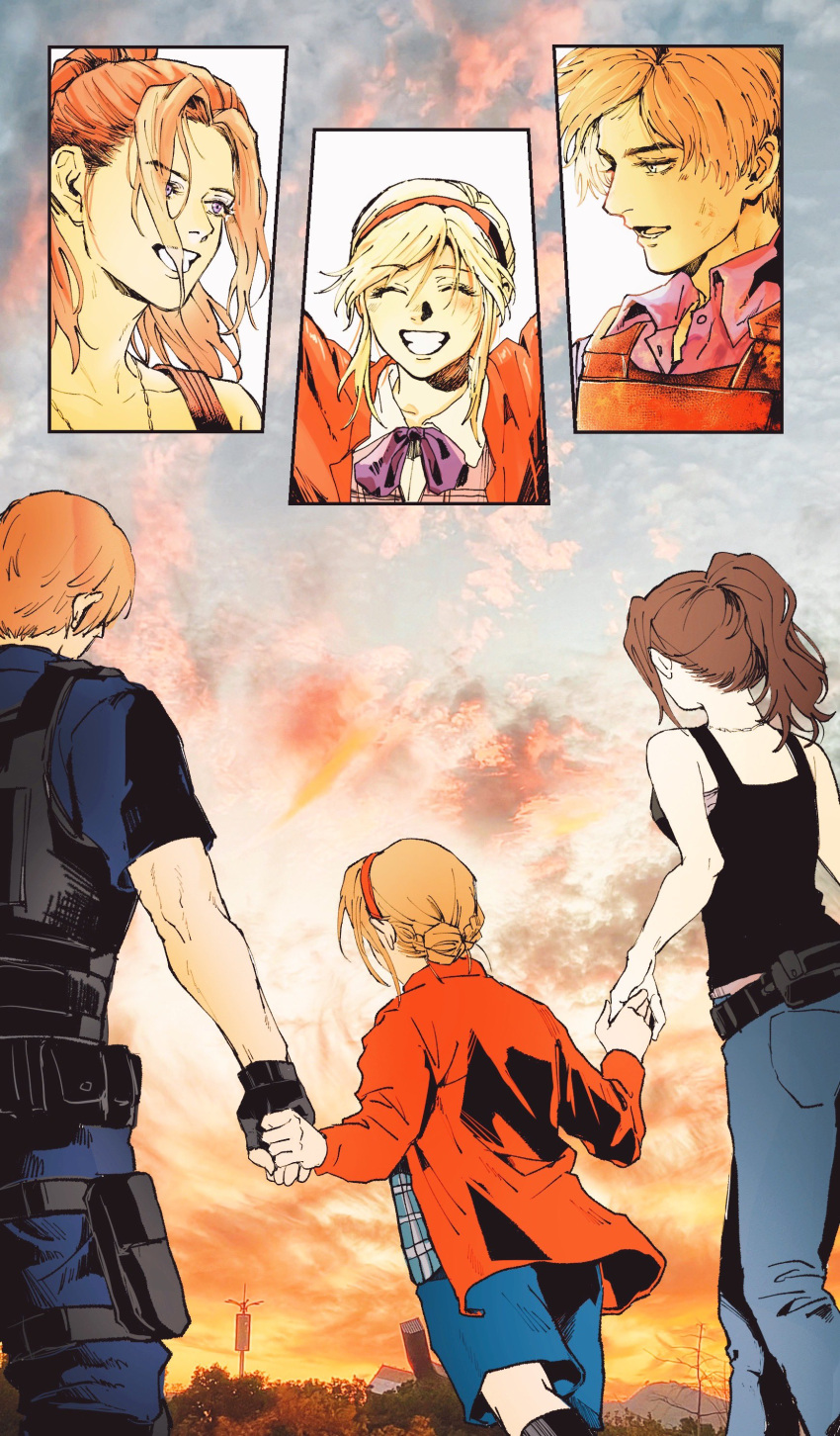 1boy, 2girls, absurdres, blonde_hair, brown_hair, child, claire_redfield, commentary_request