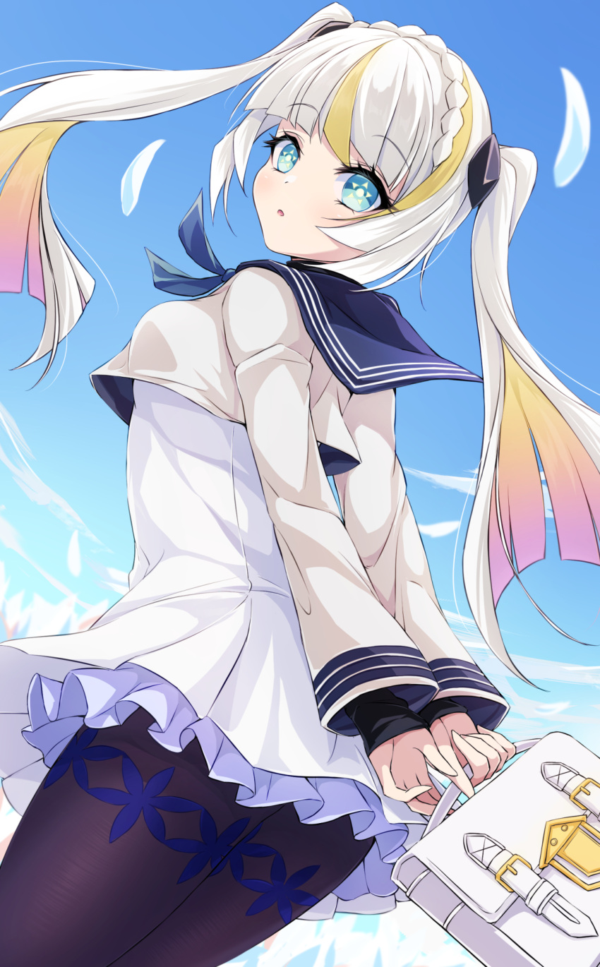akirappy, arms_behind_back, bag, black_pantyhose, blue_eyes, blush, commentary_request, eyelashes