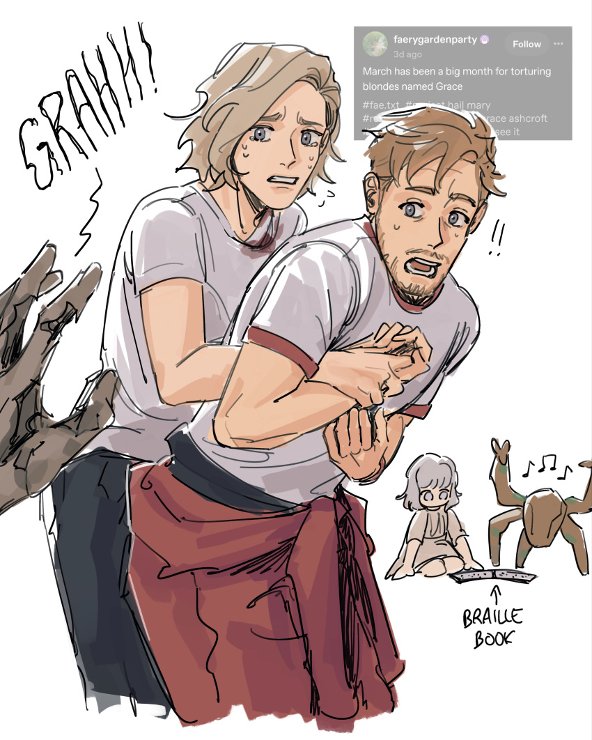 1boy, 1other, 2girls, absurdres, alien, beard, blonde_hair, casual, child, commentary, emily_(resident_evil), facial_hair, grace_ashcroft, highres, matomai, messy_hair, multiple_girls, project_hail_mary, resident_evil, resident_evil_requiem, rocky_(project_hail_mary), ryland_grace, stubble, zombie