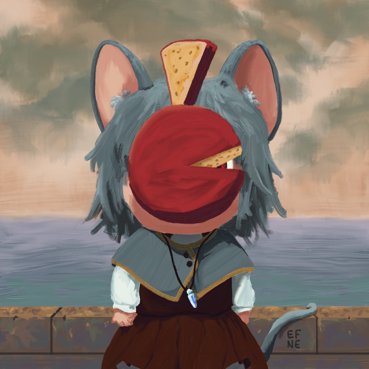 1girl, against_wall, arms_at_sides, brown_skirt, brown_vest, capelet, cheese, chibi