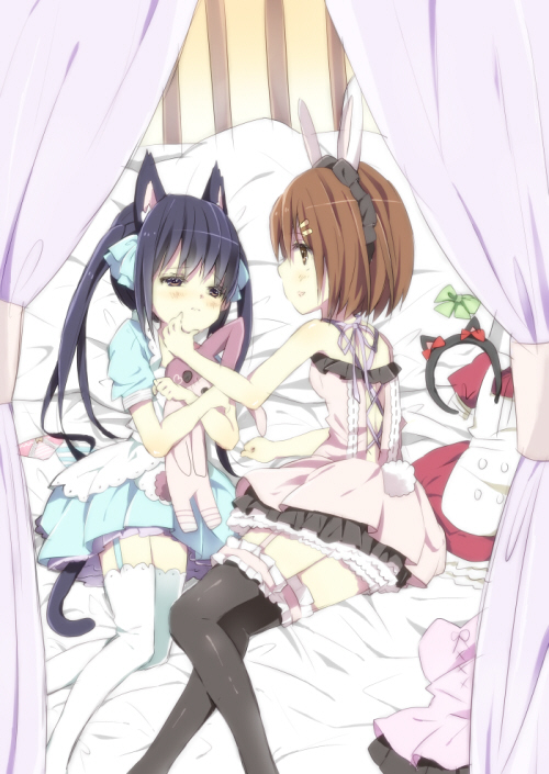 animal_ears, bed, black_eyes, black_hair, brown_eyes, brown_hair, bunny, bunny_ears