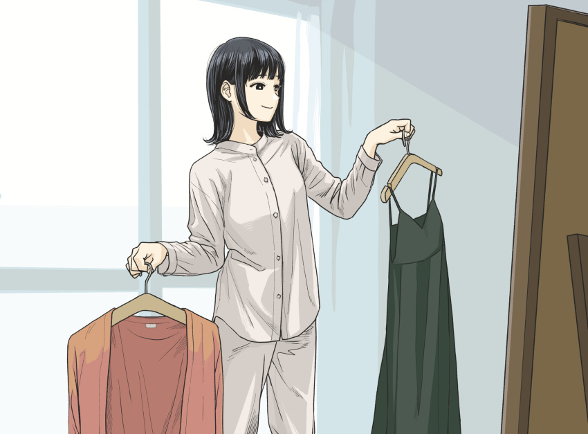 1girl, black_eyes, black_hair, clothes_hanger, commentary_request, curtains, highres, holding