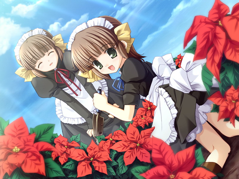 2girls, 2maids, ^_^, apron, blush, brown_hair, cg, closed_eyes