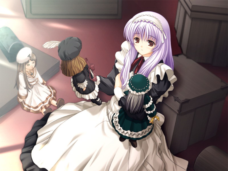 apron, black_hair, blonde_hair, blush, box, brown_hair, cg, doll, dress, feather, grey_hair, hat, headdress, homemaid, homemaid_sweets, long_hair, maid, nijisaki_ayame, purple_hair, red_eyes, sitting, solo, tateha_(artist)