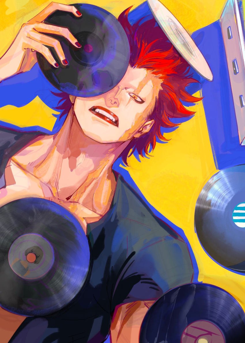 1boy, collarbone, commentary_request, denisefanta, eustass_kid, highres, looking_at_viewer, lying