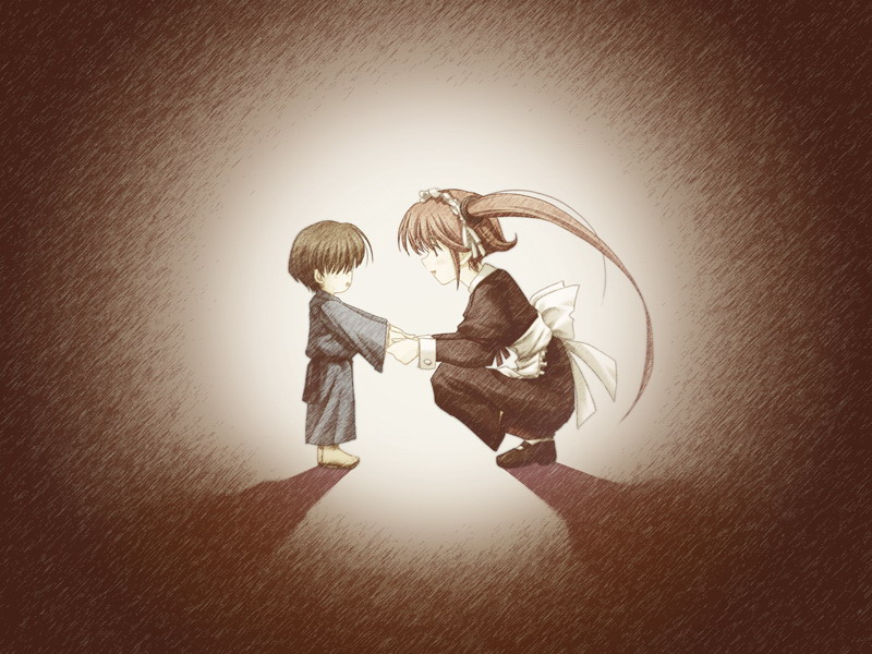 apron, brown_hair, cg, child, duo, hayami_yumi, headdress, holding_hands