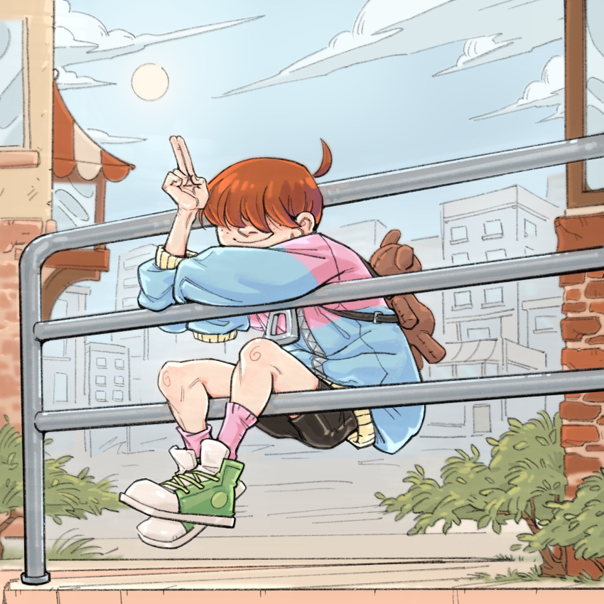 1girl, ahoge, androgynous, backpack, bag, building, closed_mouth, clouds, drawfee, fern_(drawfee), freckles, full_body, hair_over_eyes, highres, jacket, orange_hair, shoes, short_hair, shorts, sitting, sleeves_past_fingers, sleeves_past_wrists, smile, sneakers, socks, solo, stuffed_animal, stuffed_toy, teddy_bear, vaguelyhumanoidvoid, zipper, zipper_pull_tab