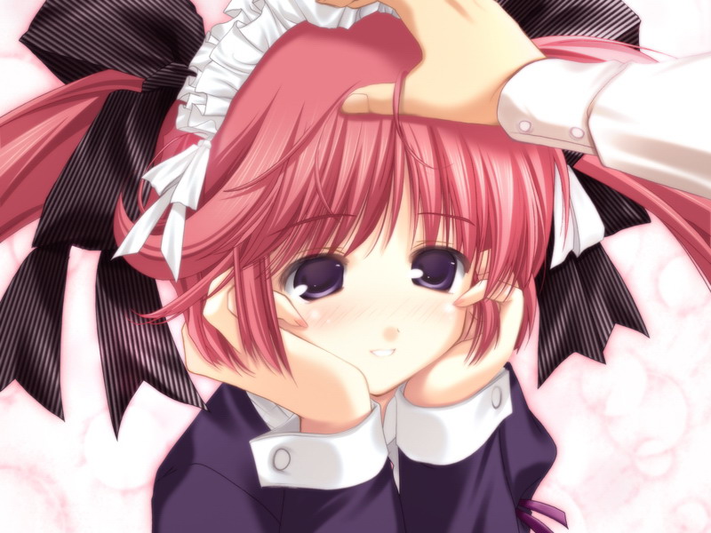 blush, cg, happy, hayami_yumi, headdress, homemaid, homemaid_sweets, long_hair, open_mouth, red_hair, ribbon, smile, tateha_(artist), twintails, violet_eyes