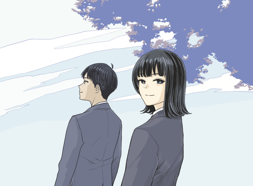 1boy, 1girl, black_hair, blunt_bangs, closed_mouth, commentary_request, formal_clothes, highres