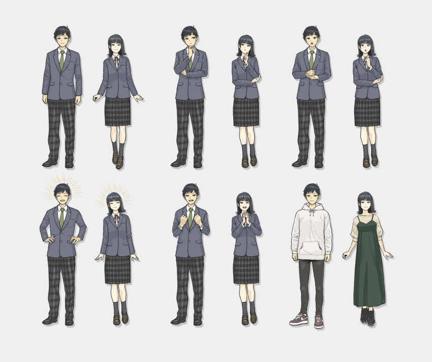 1boy, 1girl, black_hair, blazer, commentary_request, crossed_arms, glasses, grin