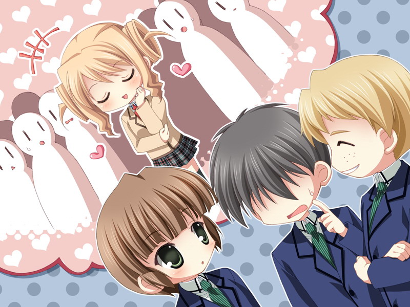 black_hair, blonde_hair, blush, brown_hair, cg, chibi, ghost, group