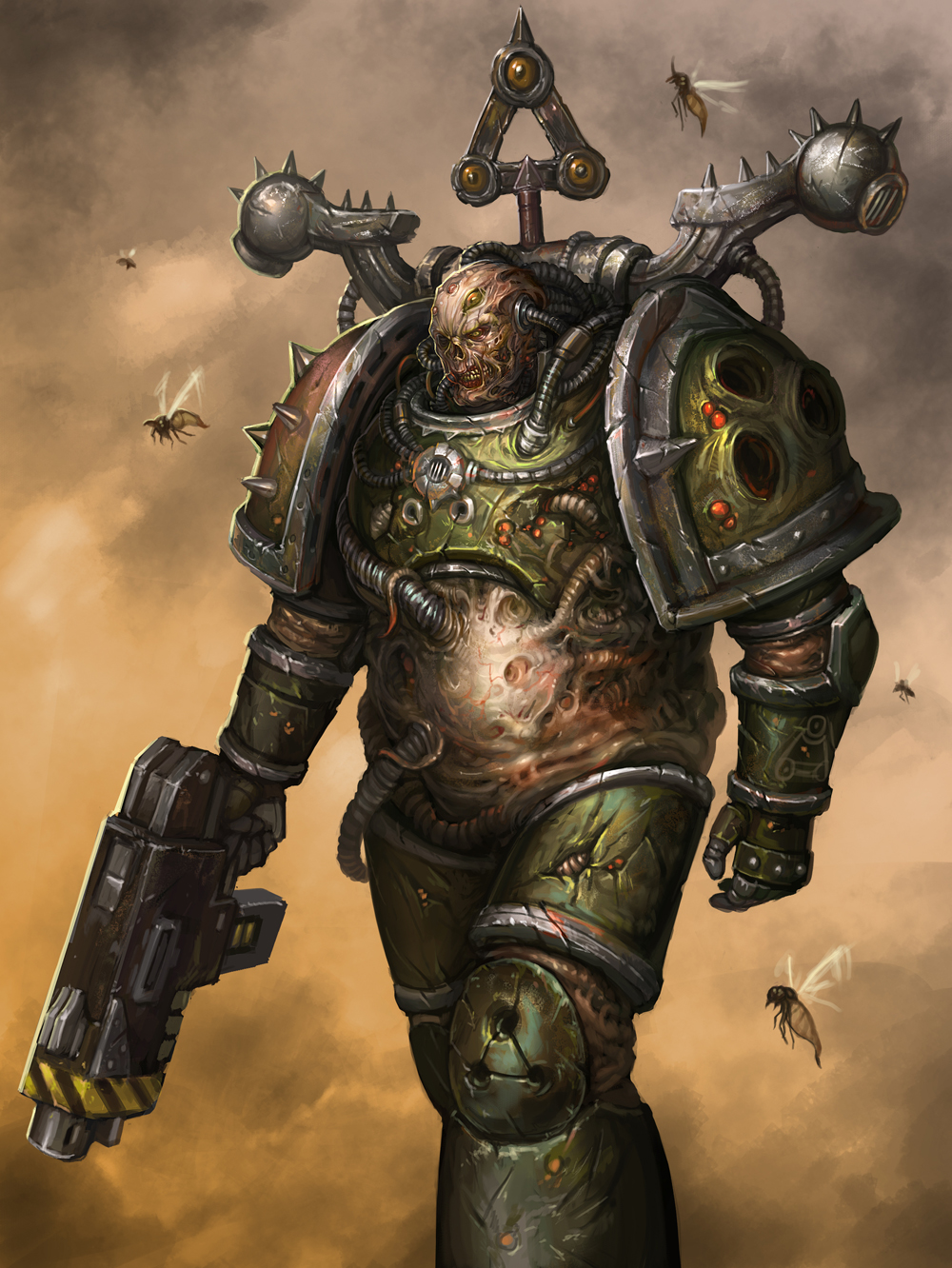 bolter, chaos_(warhammer), chaos_space_marine, gun, highres, insect, lieqi_hun, plague_marine, ryouki_tamashii, solo, warhammer_40k, weapon