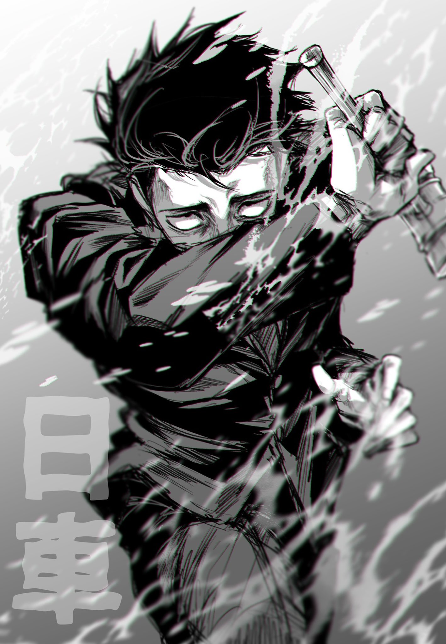 1boy, black_hair, black_suit, charging_forward, commentary_request, covered_mouth, gavel, hammer