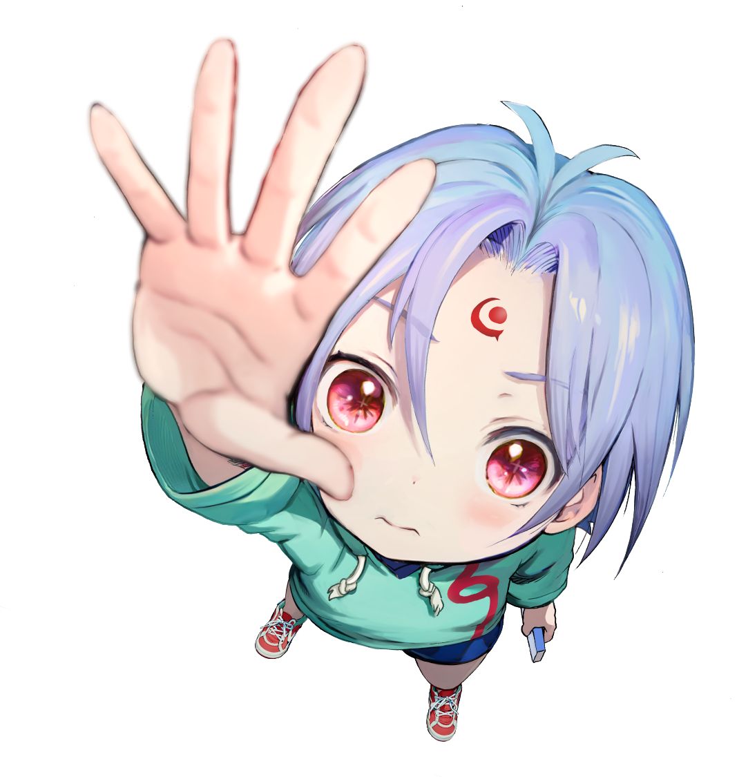 1boy, ahoge, blue_shorts, blush, child, closed_mouth, from_above, full_body