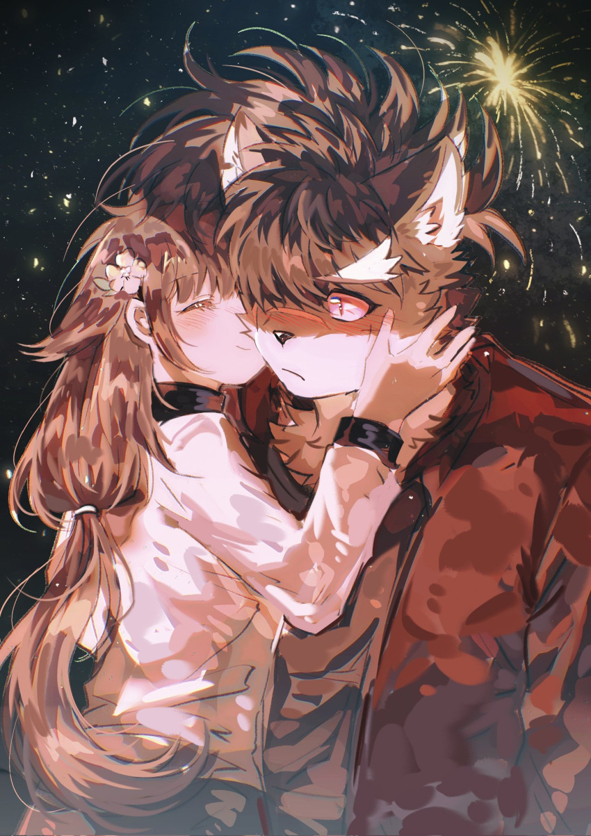 1boy, 1girl, animal_ears, black_shirt, blush, brown_fur, brown_hair, closed_eyes