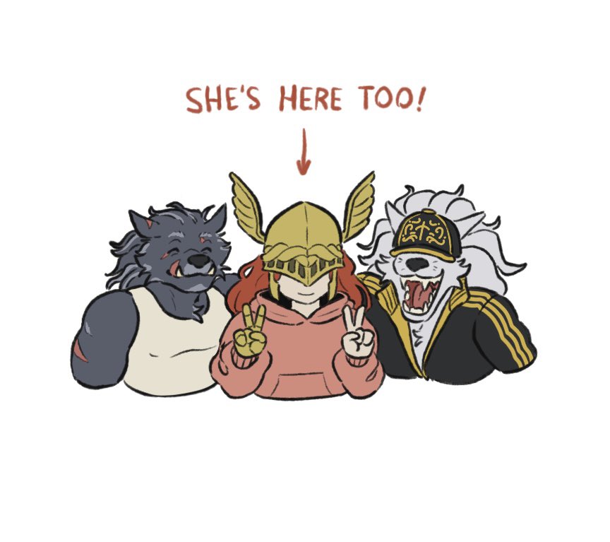 1girl, 2boys, baseball_cap, black_hat, black_jacket, blaidd_the_half-wolf, catclawcaramel, closed_eyes