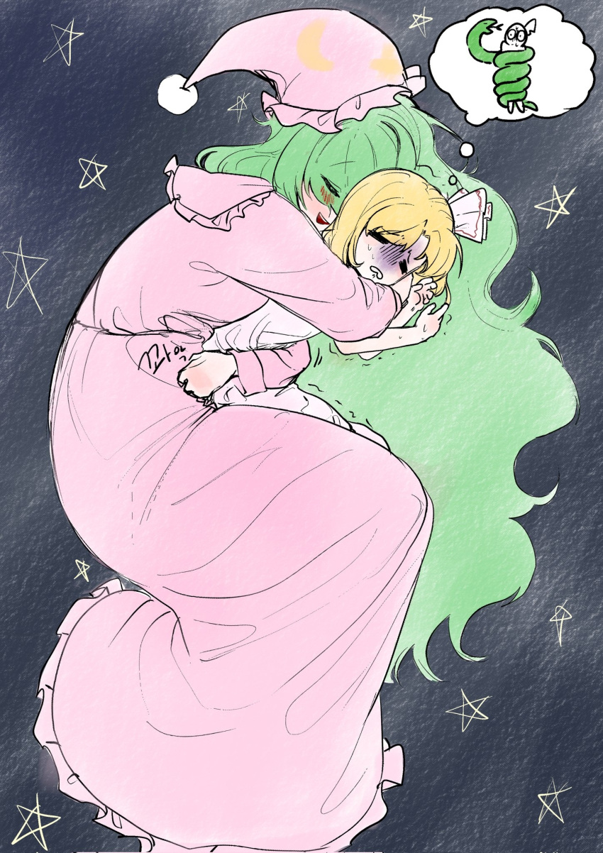alice_margatroid, alice_margatroid_(pc-98), blonde_hair, blush, bow, commentary_request, crescent, green_hair
