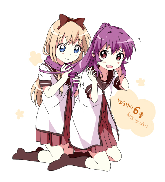 blonde_hair, blue_eyes, brown_eyes, hair_grab, hair_scarf, kneeling, long_hair, multiple_girls