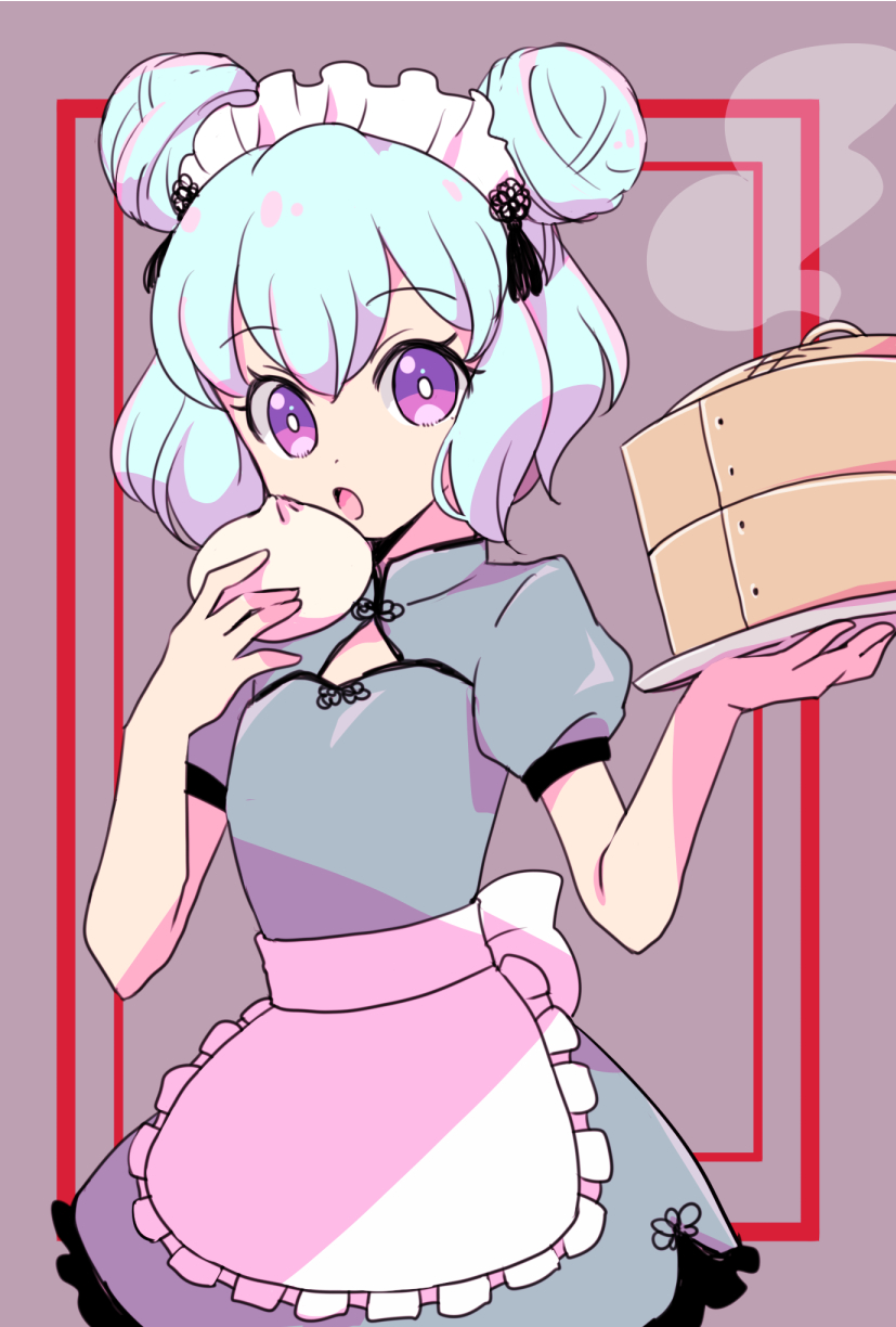 1girl, aikatsu!_(series), aikatsu_stars!, apron, bamboo_steamer, blue_hair, chinese_clothes, commentary_request