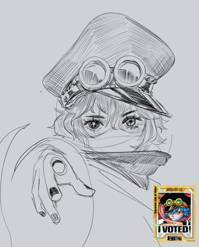 1girl, black_nails, bonbli, eyelashes, goggles, goggles_on_headwear, gunko, heterochromia