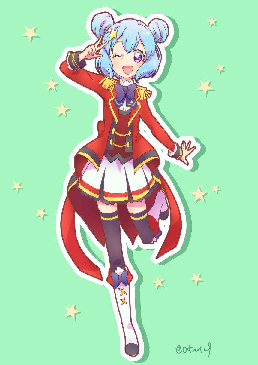 1girl, ;d, aikatsu!_(series), aikatsu_stars!, black_thighhighs, blue_bow, blue_bowtie, blue_hair