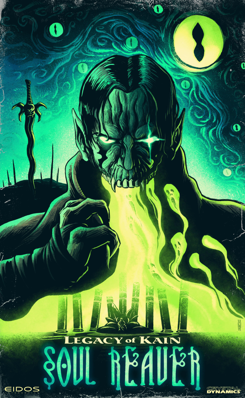 1boy, absurdres, black_hair, blue_skin, claws, colored_pencil_(medium), colored_skin, commentary, copyright_name, eldritch_abomination, energy, facing_viewer, fangs, french_commentary, glowing, glowing_eyes, green_theme, grey_skin, highres, legacy_of_kain, legacy_of_kain:_soul_reaver, logo, long_sword, male_focus, missing_jaw, no_pupils, octopus, parted_hair, pillar, pointy_ears, portrait, poster_(medium), raziel_(legacy_of_kain), soul, soul_reaver_(sword), souls, spectral, sword, tentacles, throne, traditional_media, undead, w-orks, weapon
