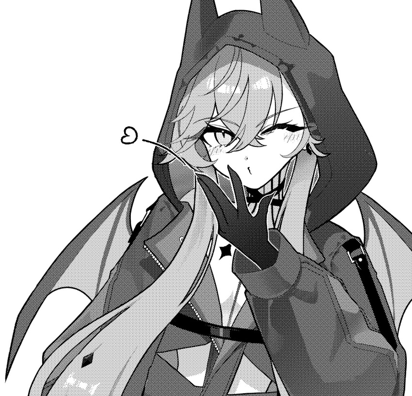 1girl, bat_wings, blowing_kiss, blush, fate/grand_order, fate_(series), greyscale, highres